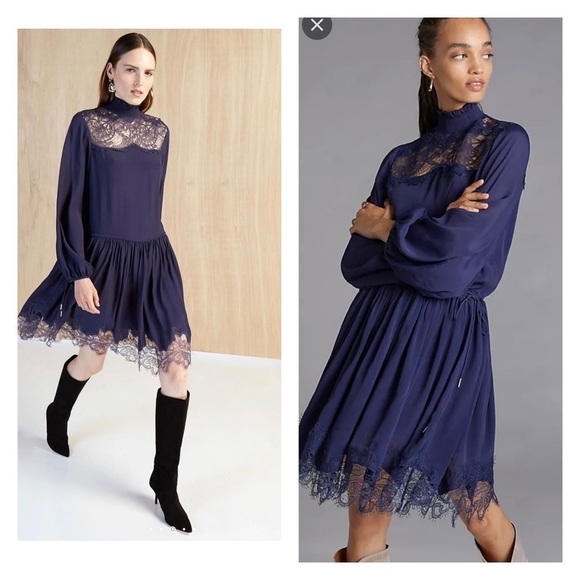 NWT MAGALI PASCAL x Revolve Clemence Lace Mini Dress Long Sleeve Navy Blue Small - Picture 1 of 8